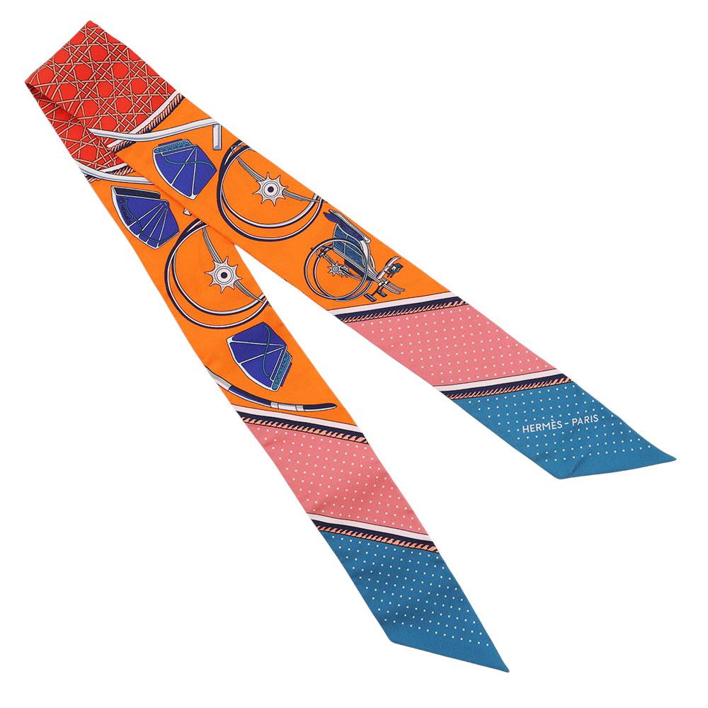Hermes Scarf Twill Silk Folding Top Carriage les Voitures Orange Cobalt Vermillion — view 3