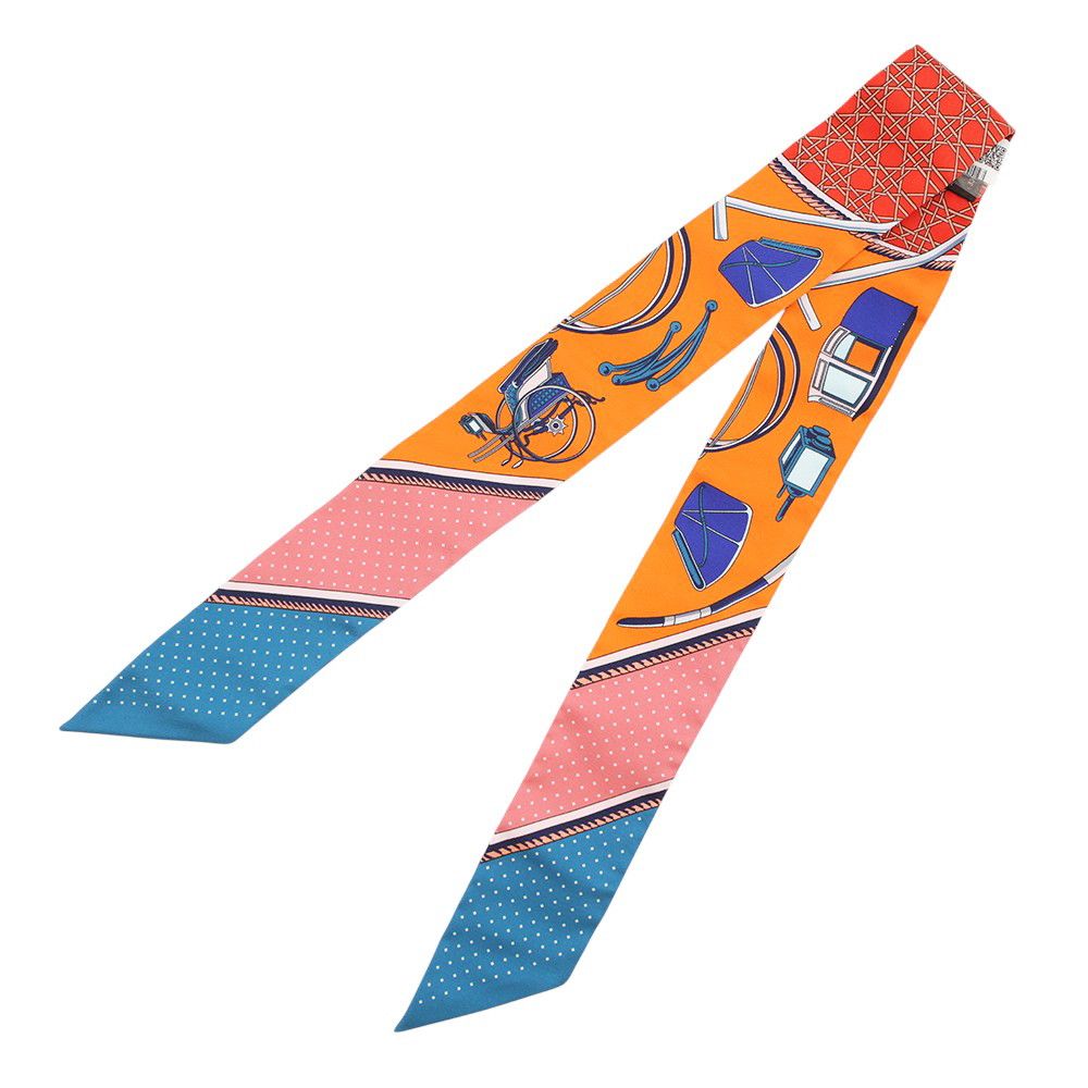 Hermes Scarf Twill Silk Folding Top Carriage les Voitures Orange Cobalt Vermillion — view 2