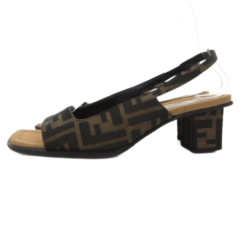 Fendi Sandals Zucca Pattern Canvas Square Heel 37 Brown Black JS GY18 — view 3