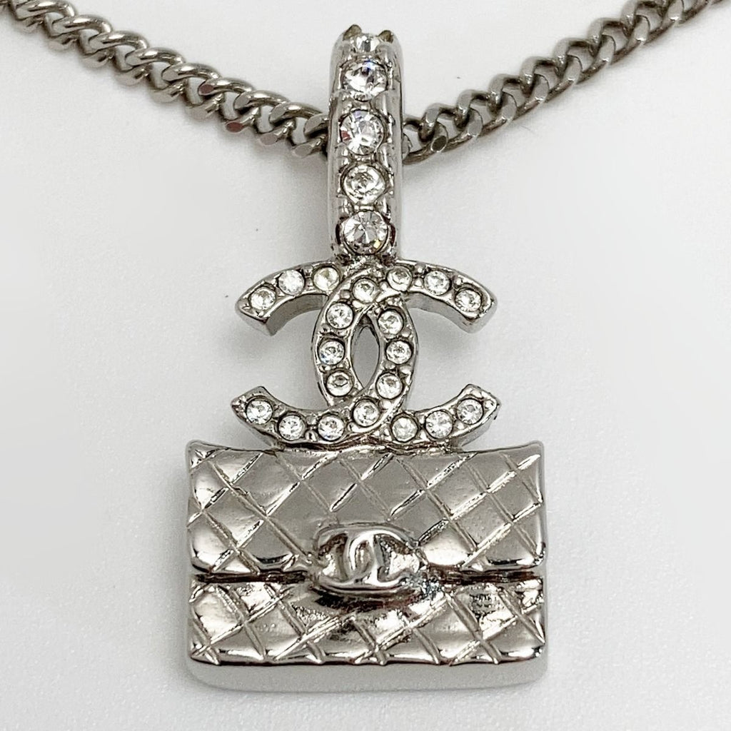 Chanel Coco Mark Quilted Bag Necklace A23 N Silver GP Rhinestone — view 6