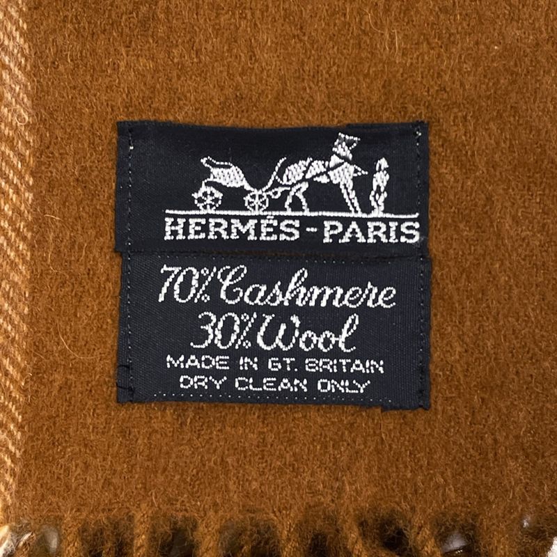 Hermes Checkered Shawl Fringe Large Cashmere Wool Brown Yellow — view 6