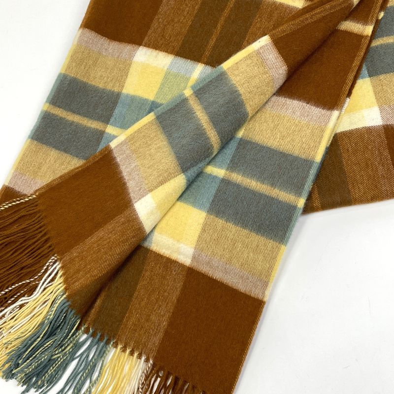 Hermes Checkered Shawl Fringe Large Cashmere Wool Brown Yellow — view 2