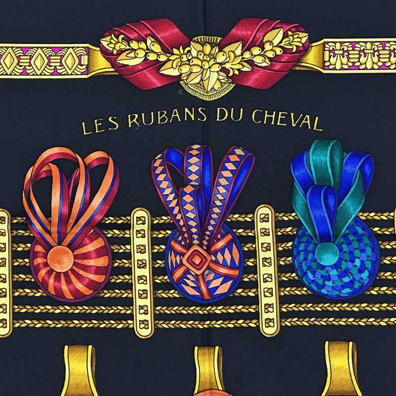 Hermes Scarf Carre 90 les Rubans Du Cheval Horse Ribbon Silk Black — view 3