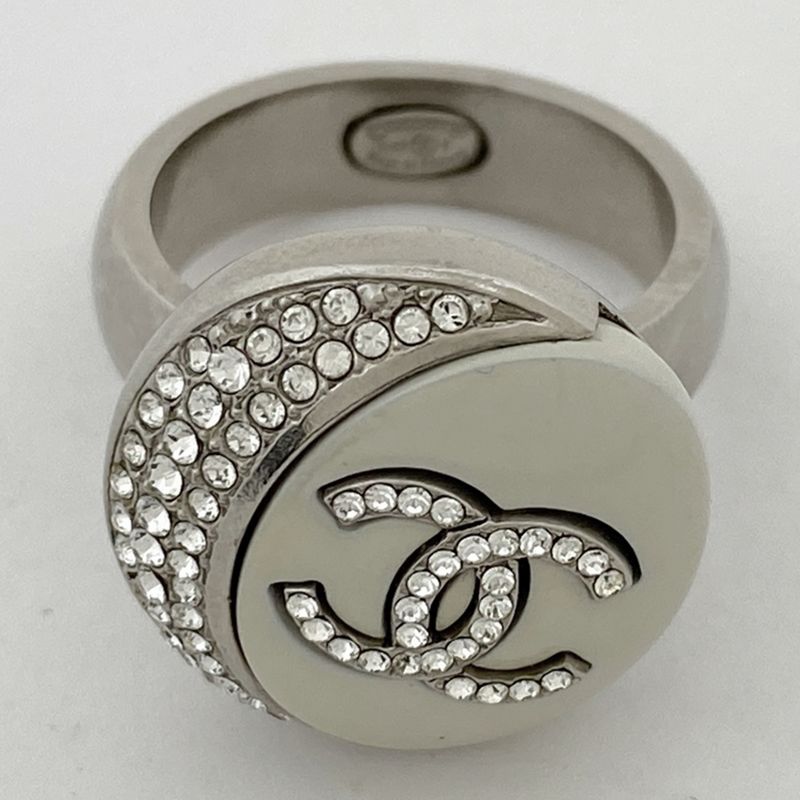Chanel Coco Mark Rhinestone Ring Moon CC 11.5 Silver Plated — view 3