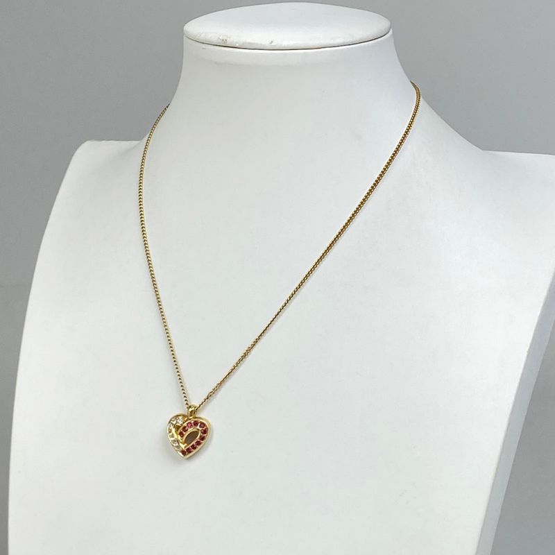 Christian Dior Heart Motif Rhinestone Necklace Pendant GP Gold Red — view 5