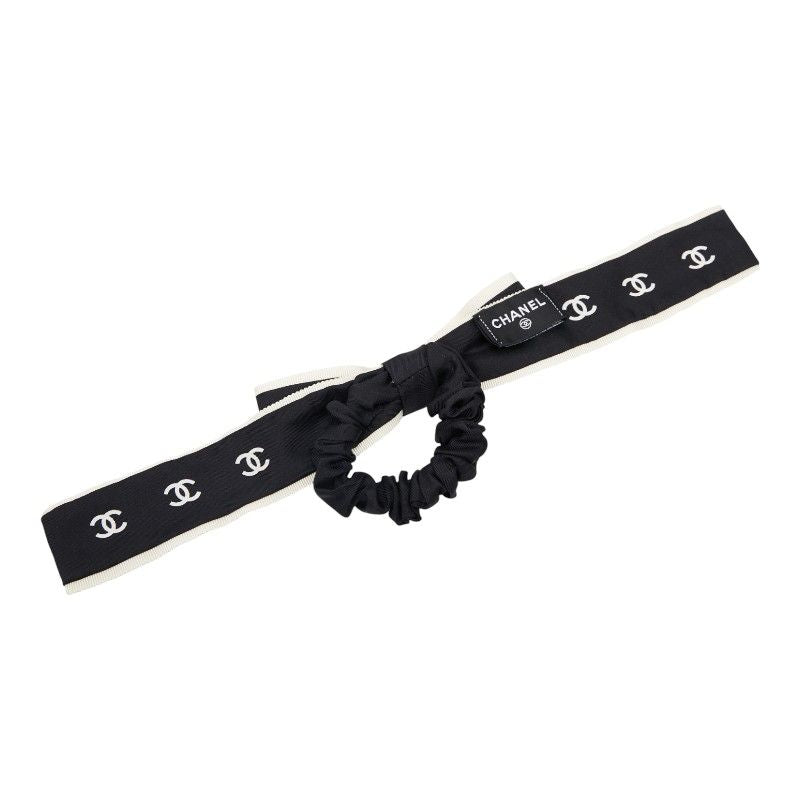 Chanel Coco Mark Logo Ribbon Chouche Hair Accessory Black White Silk — view 2