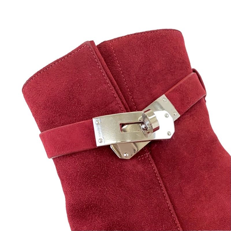 Hermes Saint-germain Boots Short Shoes Suede Red Silver Kelly Hardware — view 7