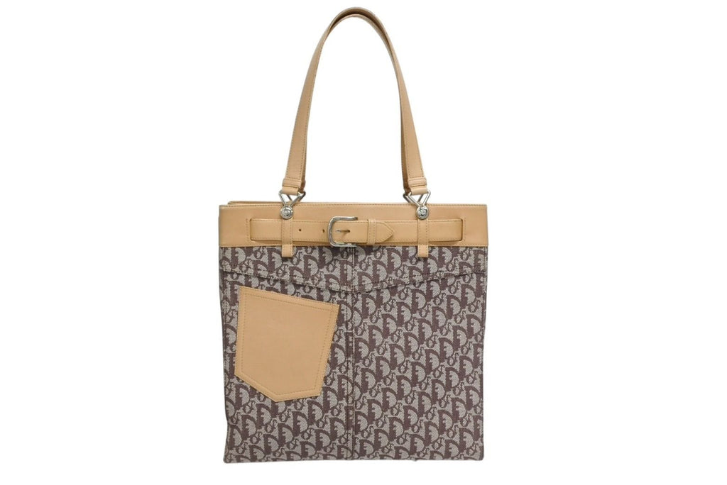 Dior Trotter Tote Bag Canvas Leather Brown Silver