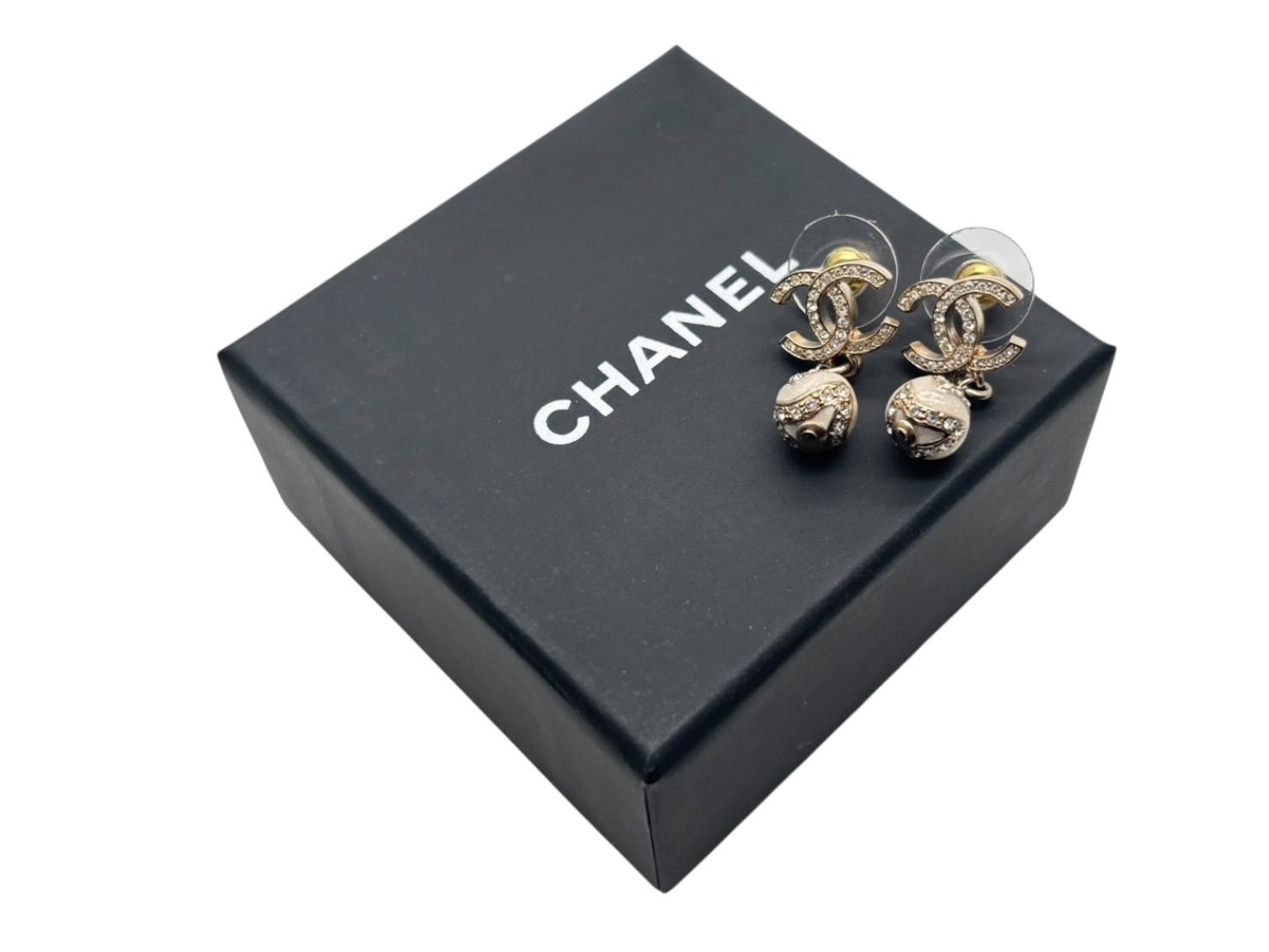 Chanel CC Logo Dangling Earrings Rhinestone Metal Resin