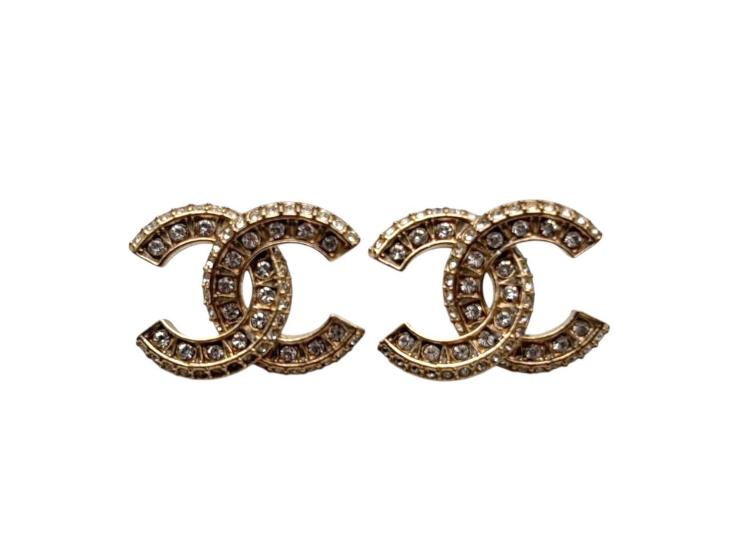 Chanel CC Logo Earrings Rhinestone Gold Plated — view 2