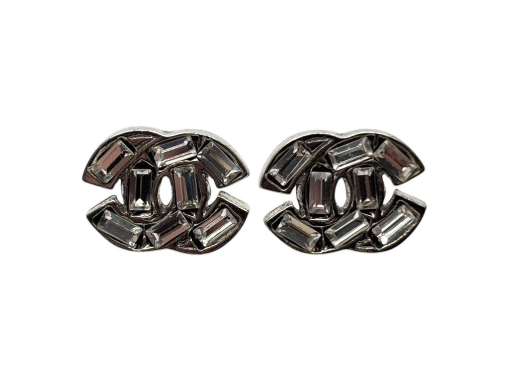 Chanel Earrings CC Logo 07 Metal Square Rhinestone Silver