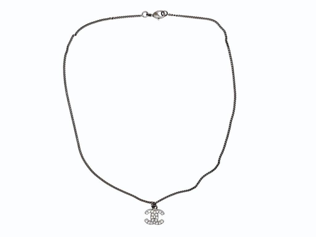 Chanel CC Logo Necklace 11 44 Rhinestone Metal Clear Silver