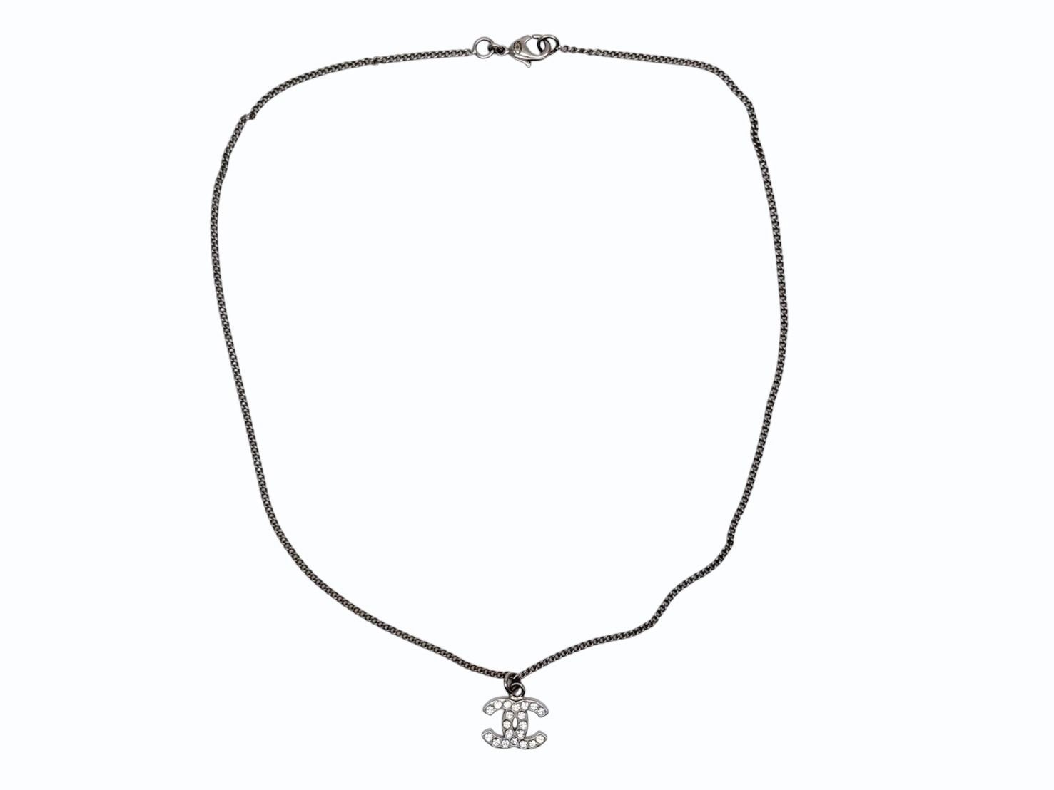 Chanel CC Logo Necklace 11 44 Rhinestone Metal Clear Silver