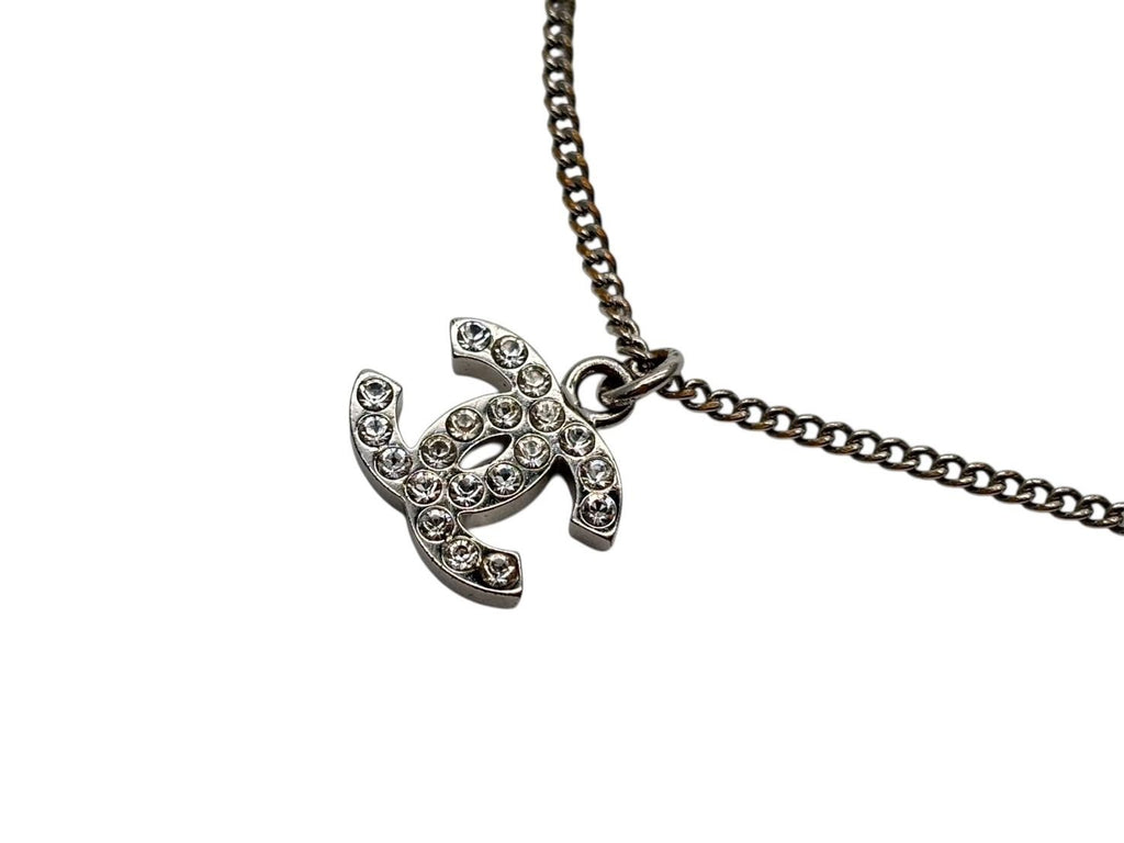 Chanel CC Logo Necklace 11 44 Rhinestone Metal Clear Silver — view 3