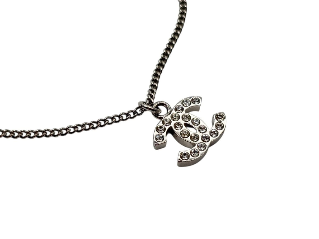 Chanel CC Logo Necklace 11 44 Rhinestone Metal Clear Silver — view 4
