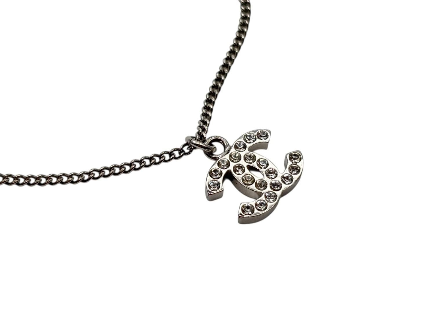 Chanel CC Logo Necklace 11 44 Rhinestone Metal Clear Silver — view 4