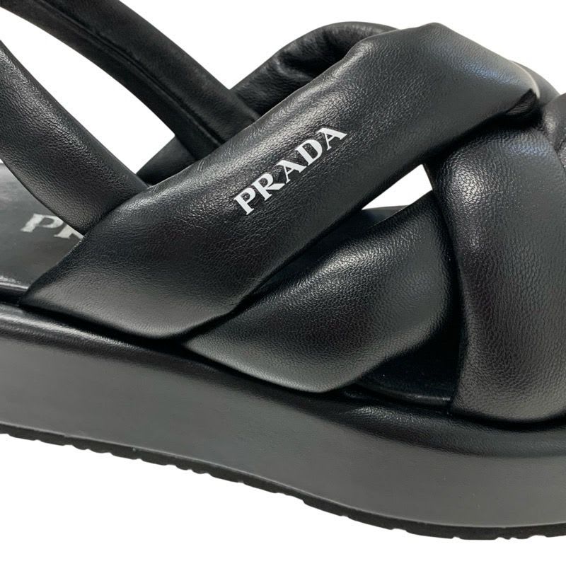 Prada Sandals Shoes Leather Black Logo Platform Padded Nappa — view 9
