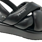 Prada Sandals Shoes Leather Black Logo Platform Padded Nappa — view 9