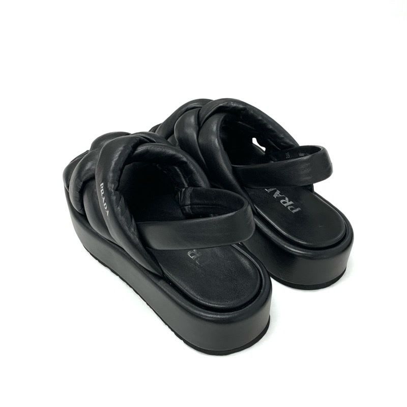Prada Sandals Shoes Leather Black Logo Platform Padded Nappa — view 4