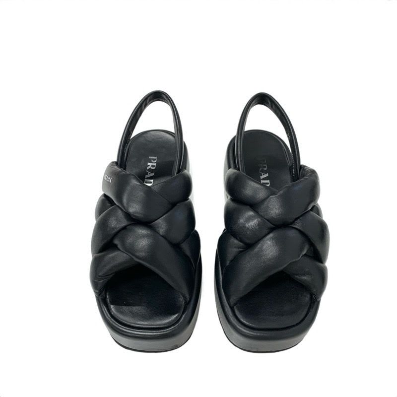 Prada Sandals Shoes Leather Black Logo Platform Padded Nappa — view 2