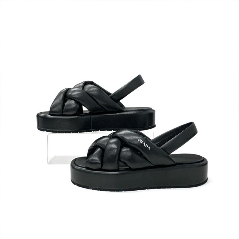 Prada Sandals Shoes Leather Black Logo Platform Padded Nappa — view 3