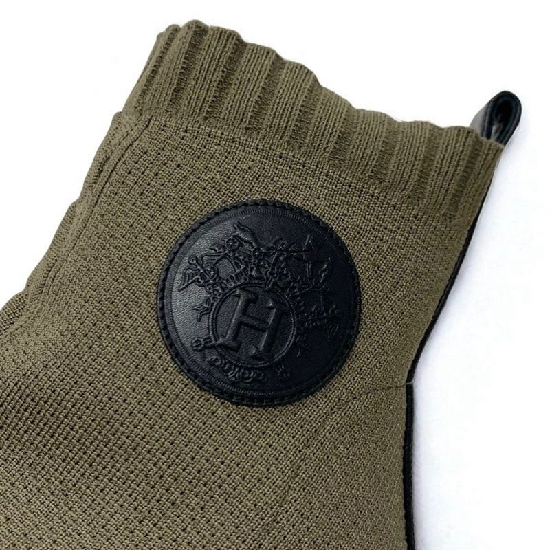 Hermes Volver Boots Short Shoes Fabric Leather Khaki Black Knit Exlibris — view 9