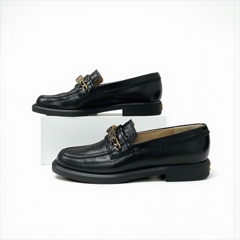Chanel Loafer Leather Shoes Black Gold Coco Mark Chain Icon — view 3