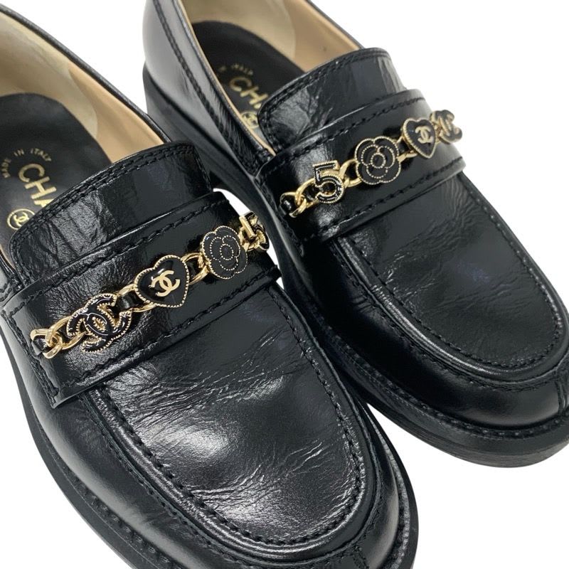 Chanel Loafer Leather Shoes Black Gold Coco Mark Chain Icon — view 9