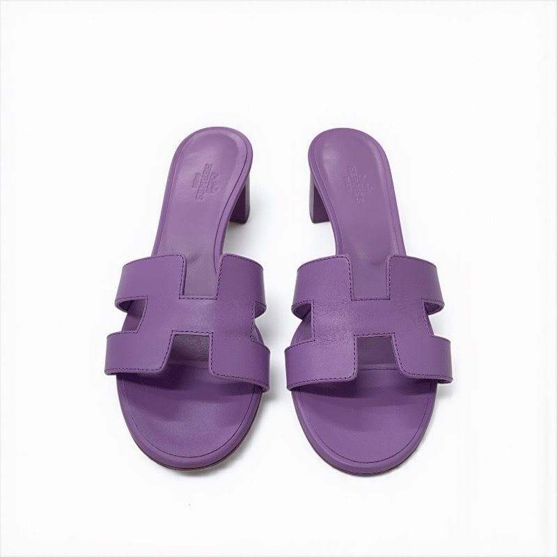 Hermes Oasis Sandals Shoes Leather Purple Mules — view 2