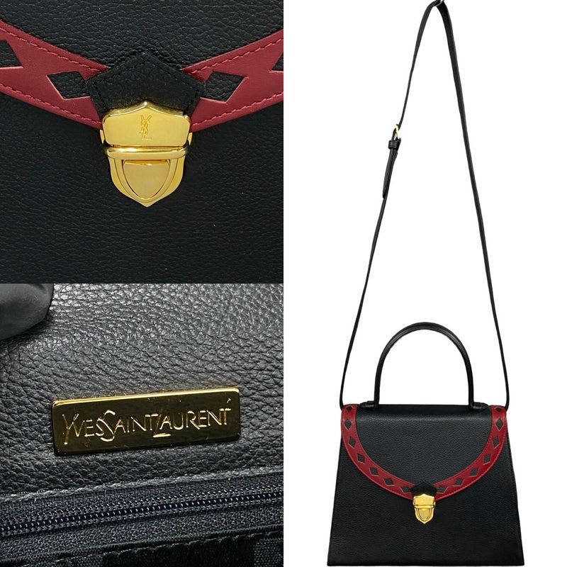 Yves Saint Laurent Cutout Punching Leather 2-Way Shoulder Bag Black