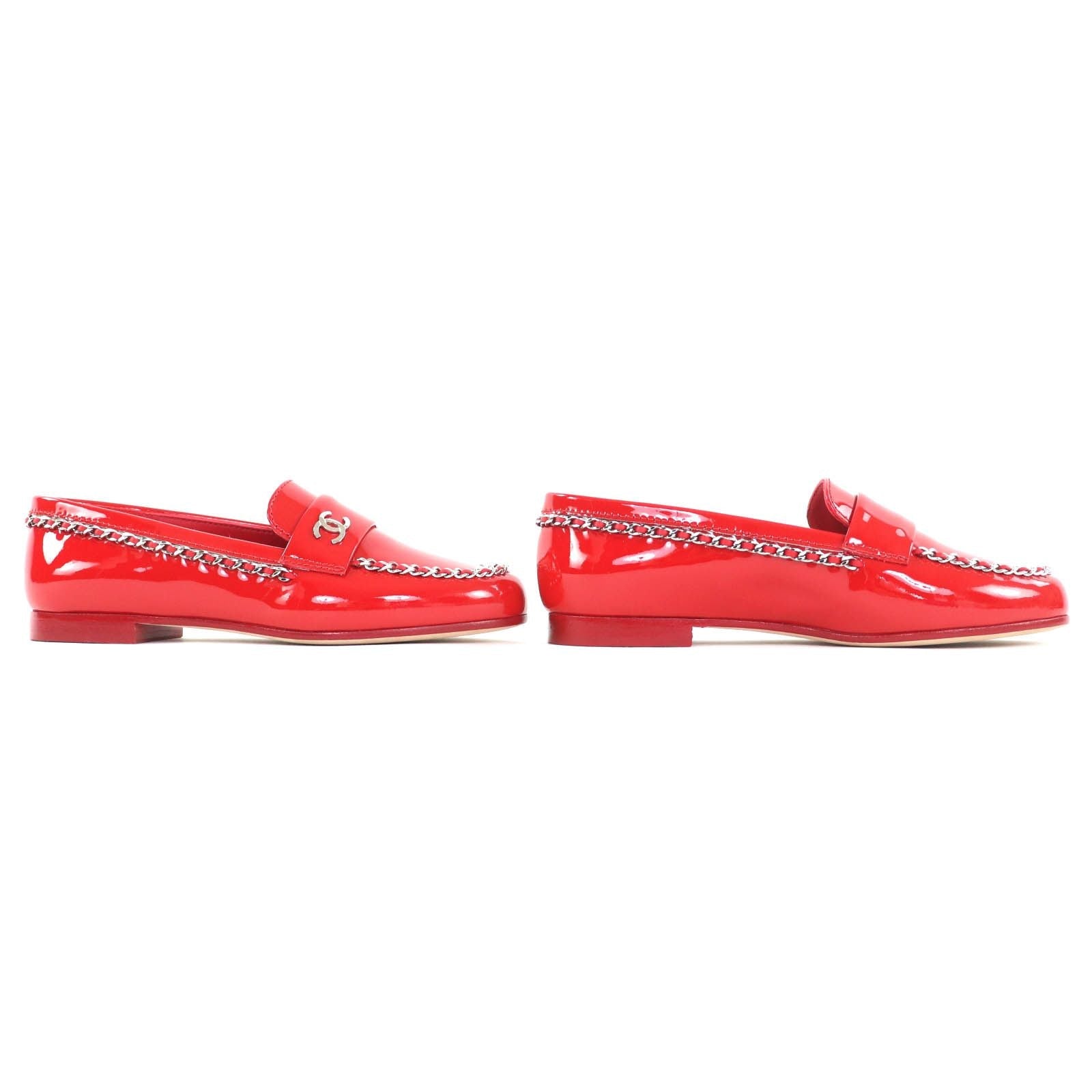 Chanel with Coco Mark Parts Patent Leather Chain Loafers Red — view 7
