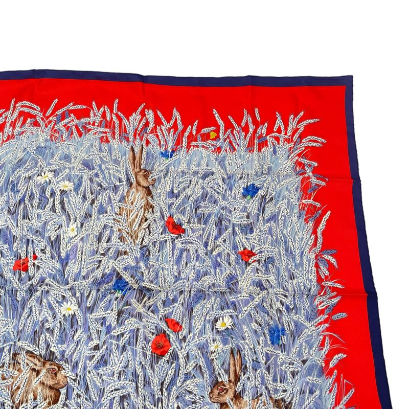 Hermes Scarf Silk Carre 90 Lapins DANS UN Champ de Wheat Field And Rabbit Red — view 3
