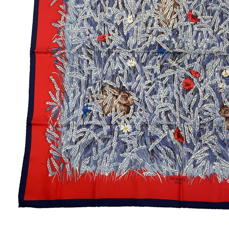 Hermes Scarf Silk Carre 90 Lapins DANS UN Champ de Wheat Field And Rabbit Red — view 4