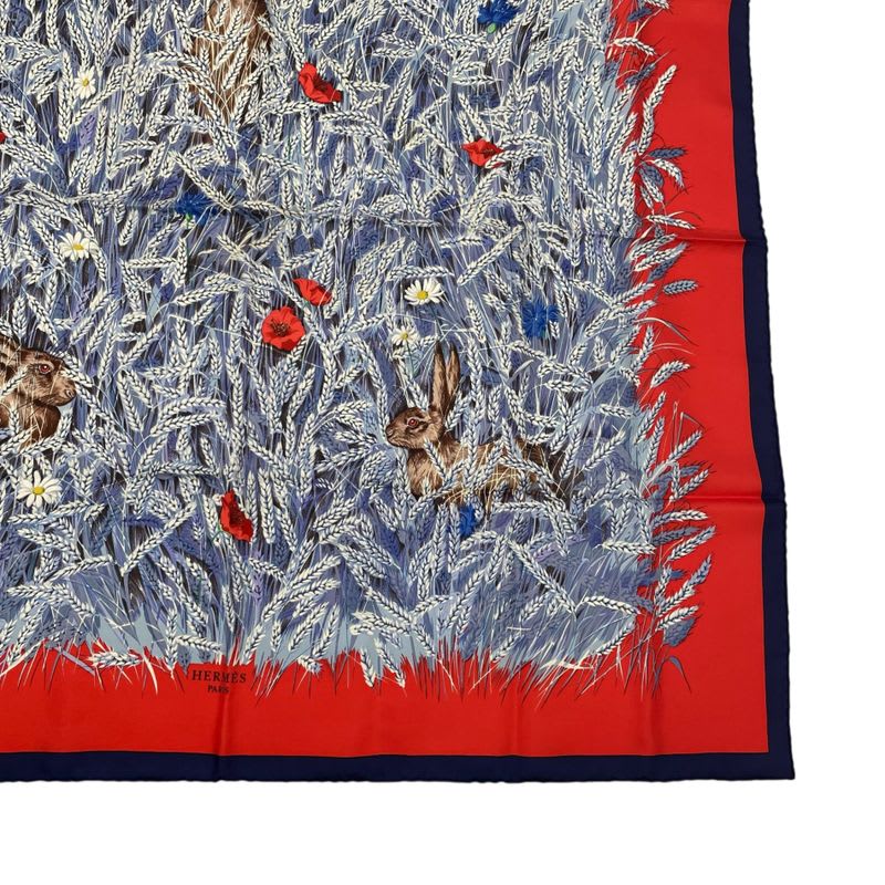 Hermes Scarf Silk Carre 90 Lapins DANS UN Champ de Wheat Field And Rabbit Red — view 5