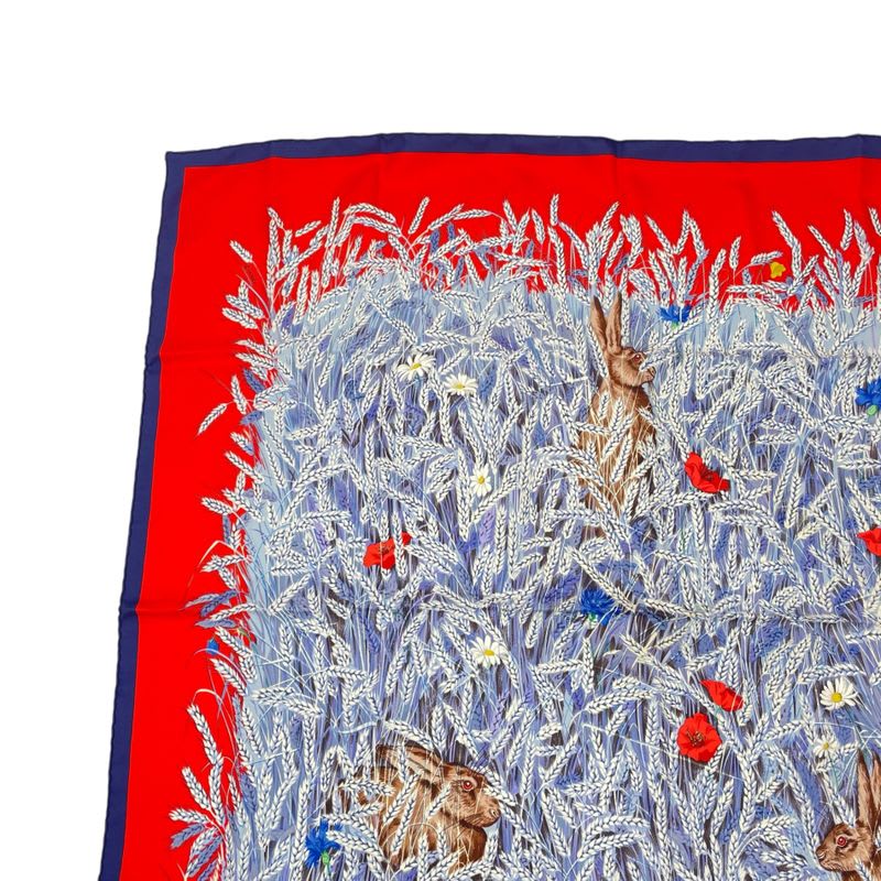 Hermes Scarf Silk Carre 90 Lapins DANS UN Champ de Wheat Field And Rabbit Red — view 2