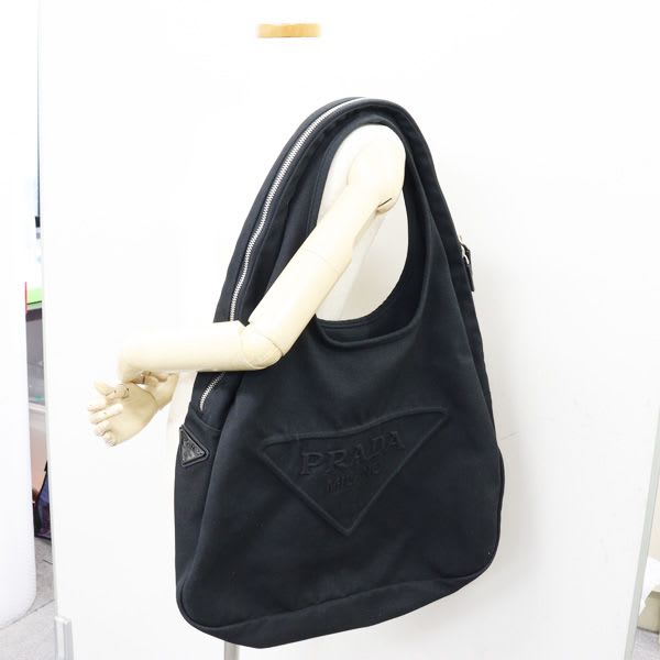 Prada Canvas Hobo Bag Shoulder Black 2 Vy005 Embossed Logo — view 7