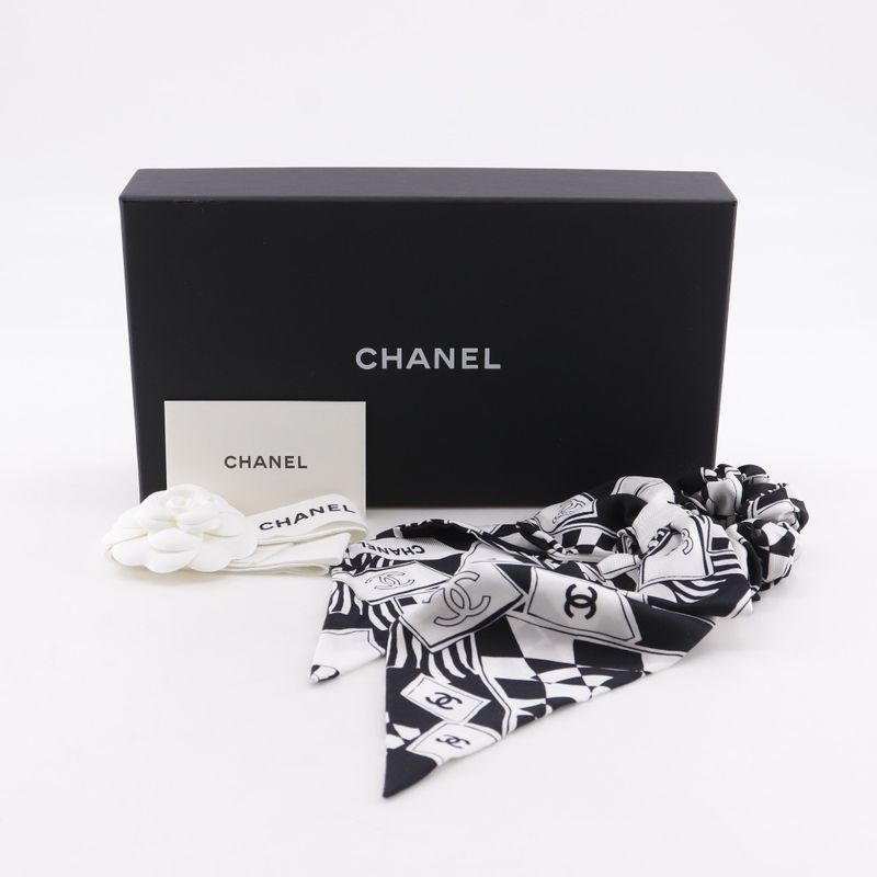 Chanel Ribbon Scrunchie Coco Mark Silk Black White — view 8