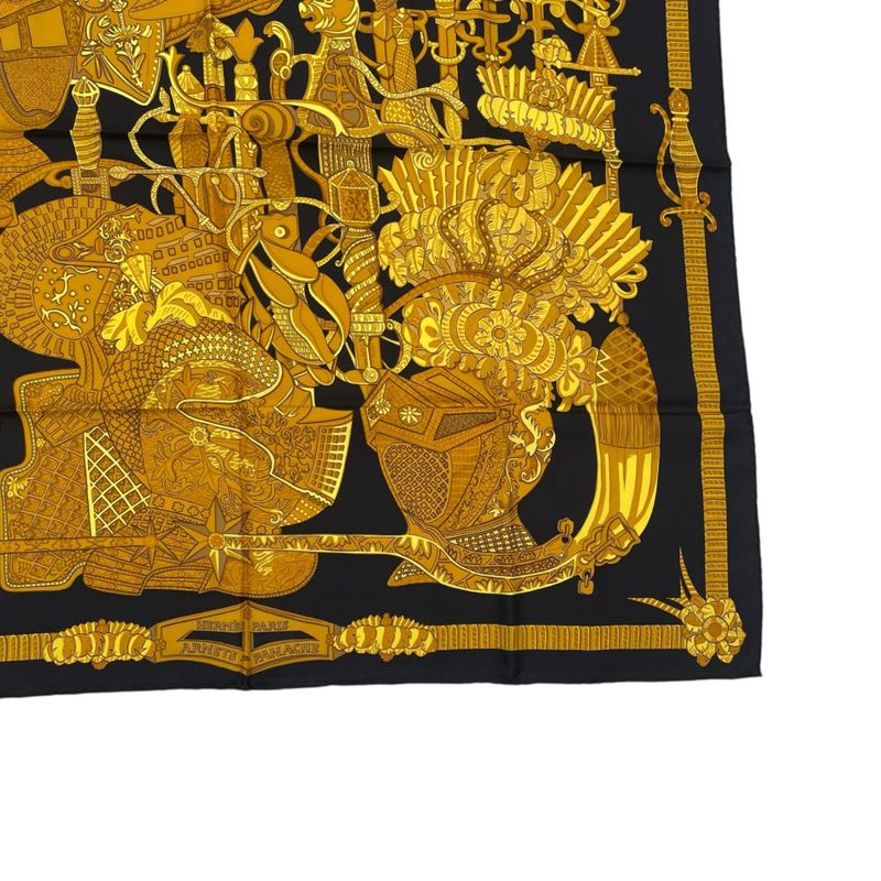 Hermes Scarf Silk Carre 90 Armets En Panache Feather Helmet Gold Black — view 5