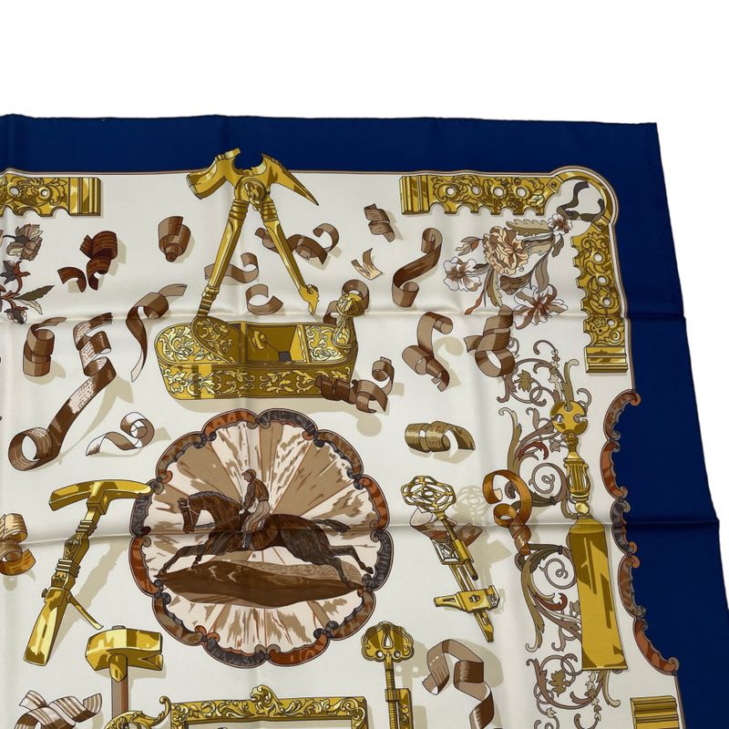 Hermes Scarf Silk Carre 90 Copeaux Sawdust Horse Pattern Tool Beige Navy White — view 3