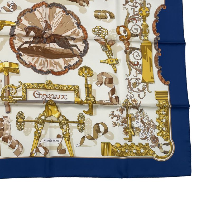 Hermes Scarf Silk Carre 90 Copeaux Sawdust Horse Pattern Tool Beige Navy White — view 5