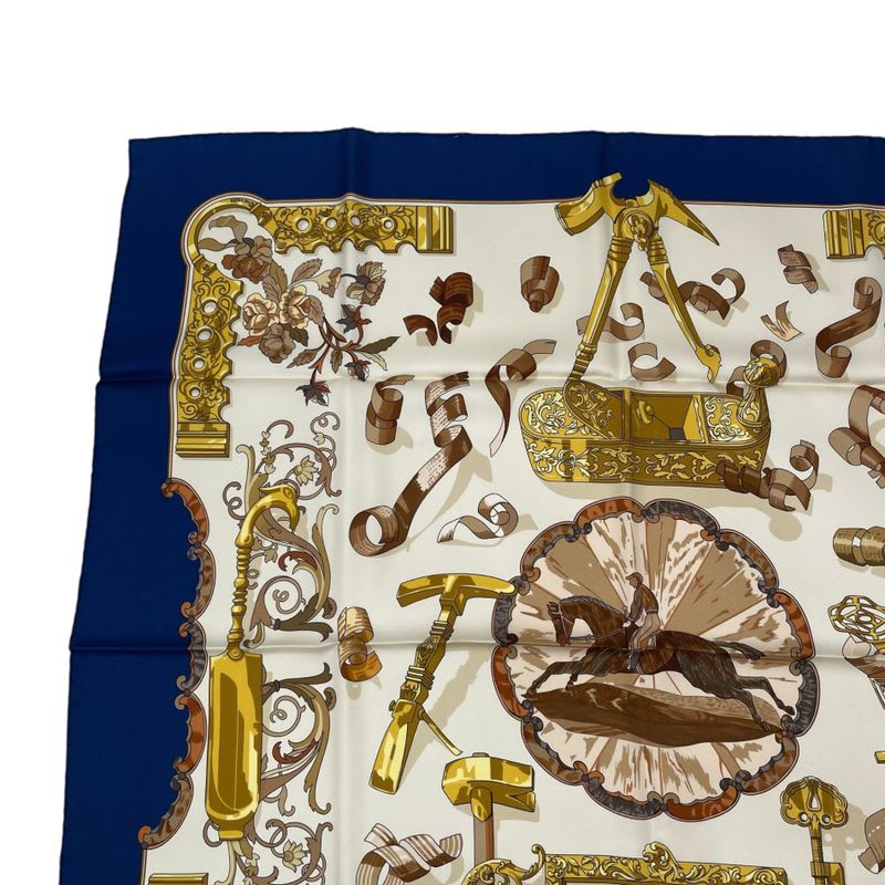Hermes Scarf Silk Carre 90 Copeaux Sawdust Horse Pattern Tool Beige Navy White — view 2
