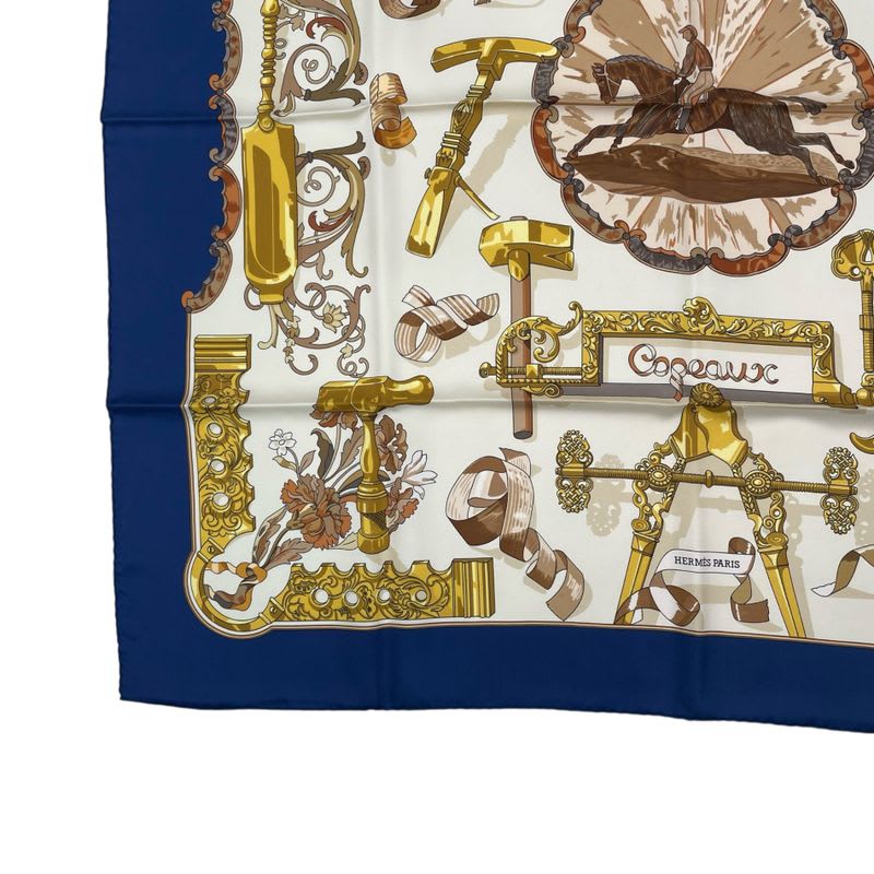 Hermes Scarf Silk Carre 90 Copeaux Sawdust Horse Pattern Tool Beige Navy White — view 4