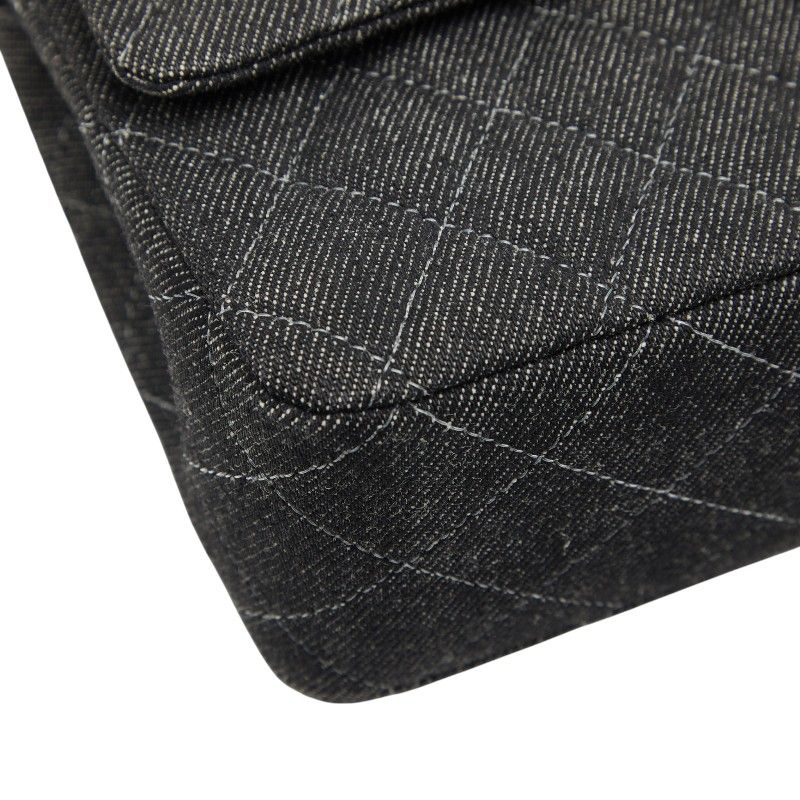 Chanel Quilted 25 Double Flap Chain Shoulder Bag Black Denim — view 4