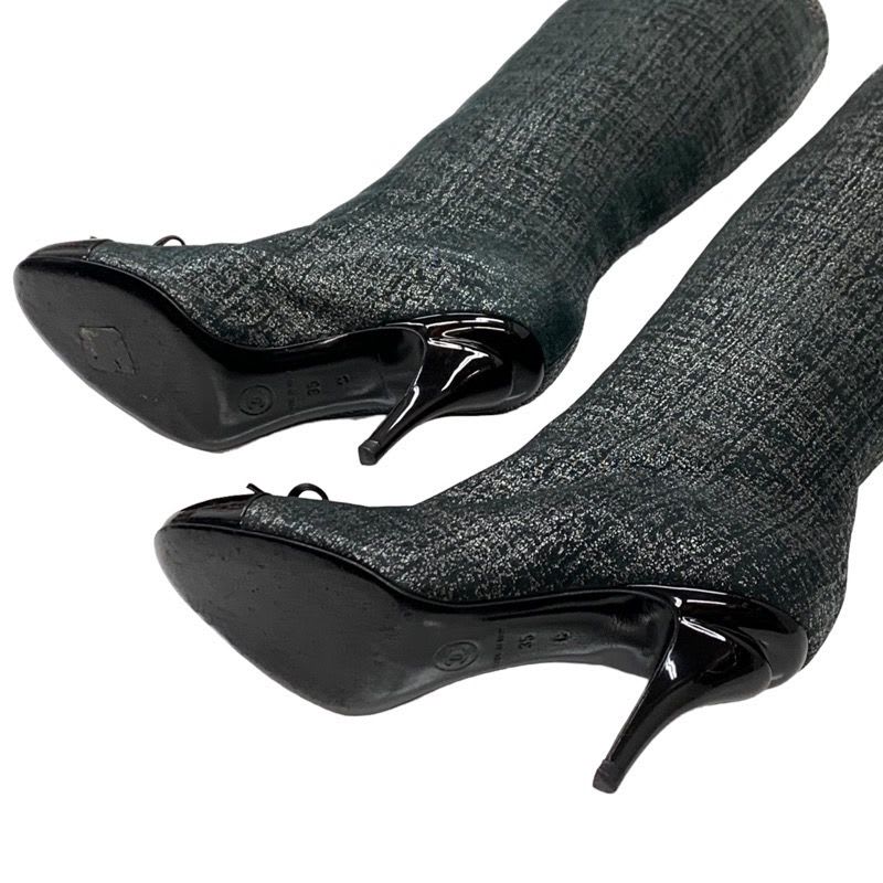Chanel Boots Long Coco Mark Ribbon Chain Fabric Black — view 6