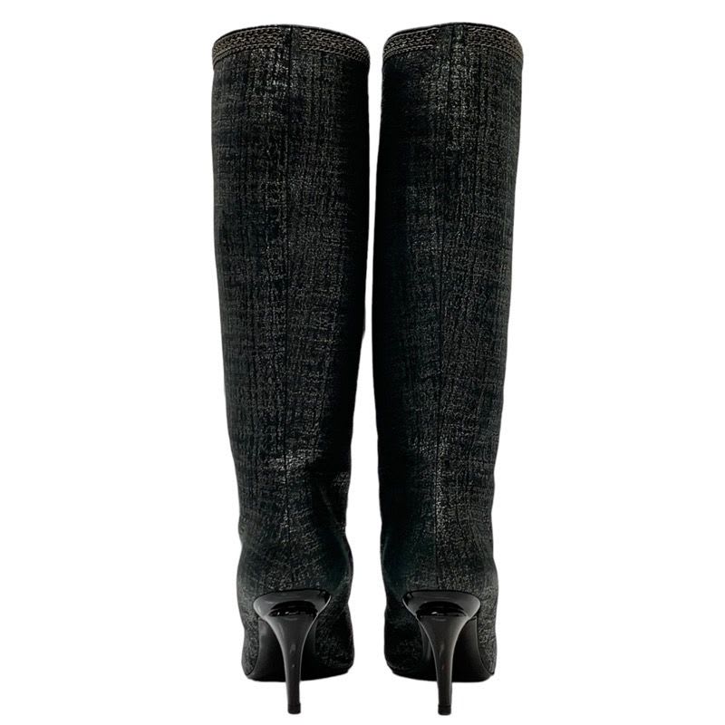 Chanel Boots Long Coco Mark Ribbon Chain Fabric Black — view 5