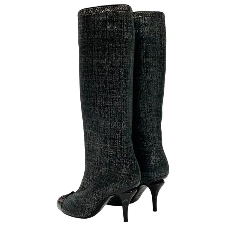 Chanel Boots Long Coco Mark Ribbon Chain Fabric Black — view 4