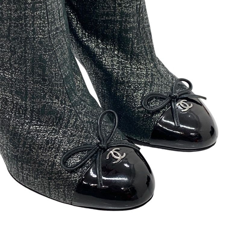 Chanel Boots Long Coco Mark Ribbon Chain Fabric Black — view 7
