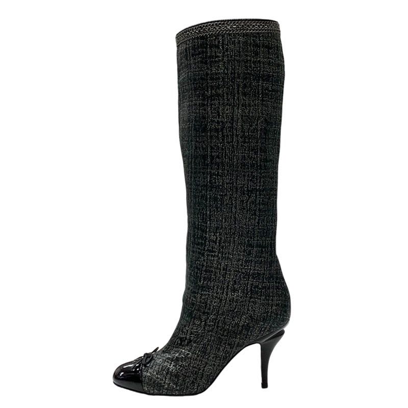 Chanel Boots Long Coco Mark Ribbon Chain Fabric Black — view 3