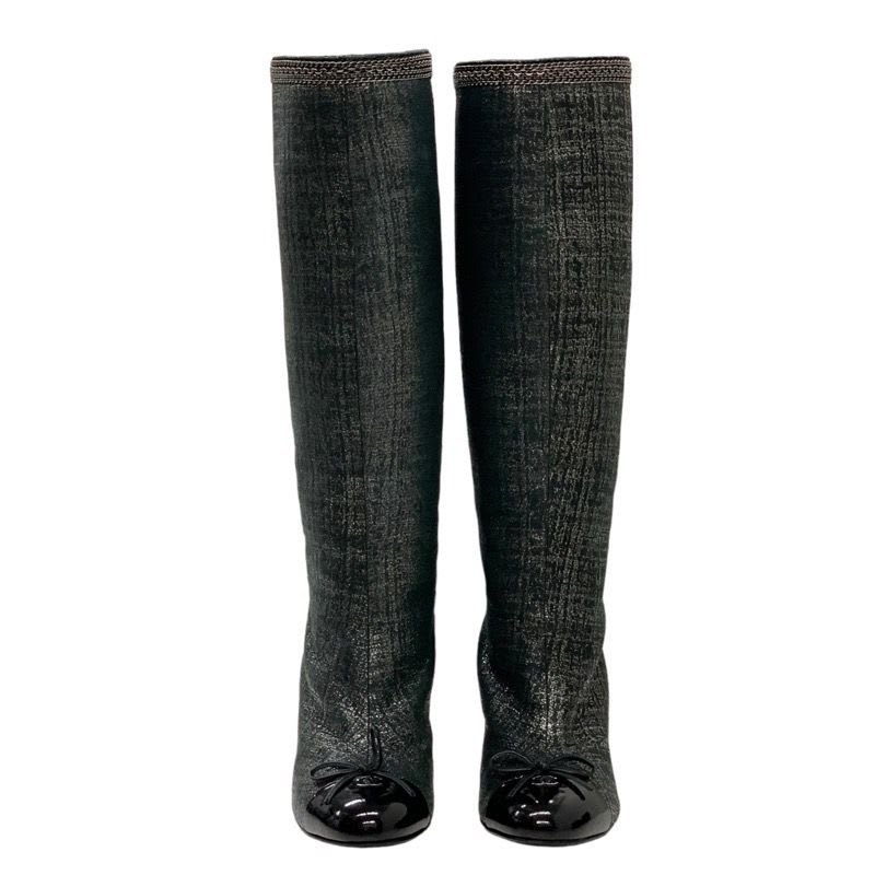 Chanel Boots Long Coco Mark Ribbon Chain Fabric Black — view 2