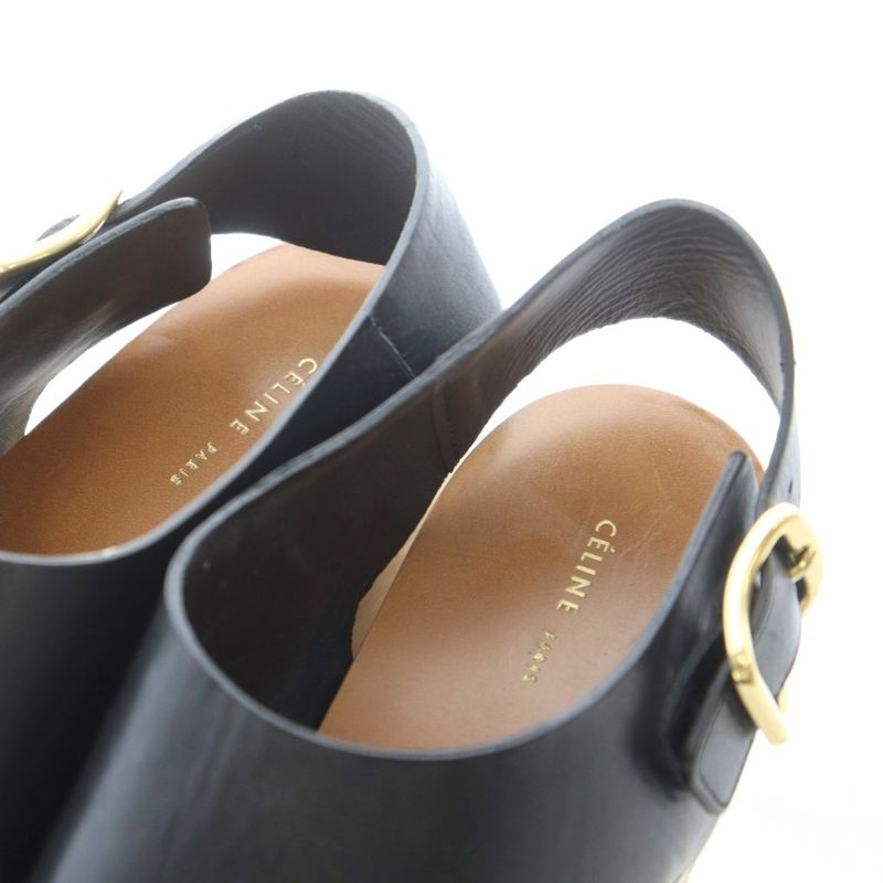 Celine Wood Sole Sandals 38 Black Strap Thick Ri OS — view 4